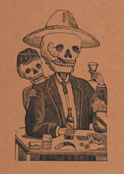 Figure de squelette dans un bar, de 330 Grabados Originales, imprimé par Antonio Vanegas Arroyo (1850-1917), Mexico City, Mexique